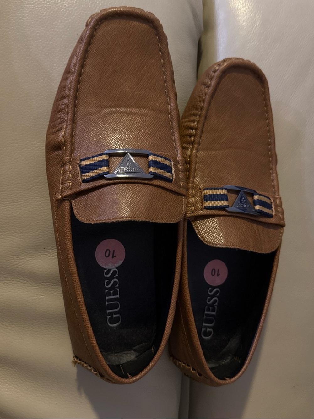 GUESS Brown Leather Slip-On Loafers with Navy Stripe Detail
